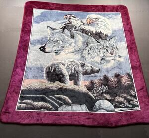 Nature Bald Eagle Wolf Bear Queen Size Blanket Sofa Fleece 78" x 88" Vintage Red